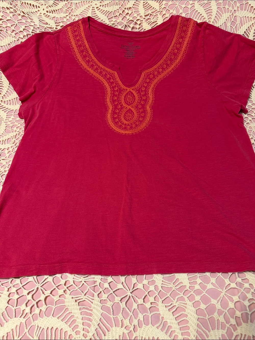 Faded Glory Hot Pink Short Sleeve Tee with Orange Embroidered Neckline